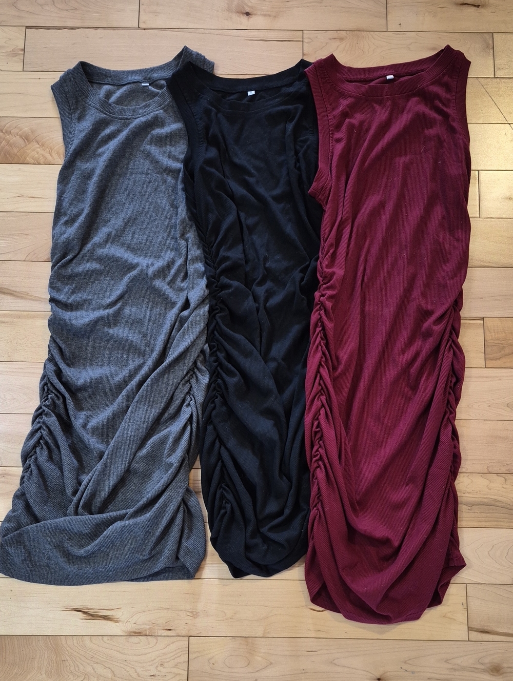 3 Women's Size Small Sleeveless Ruched Mini Dress - Black, White, Burgundy